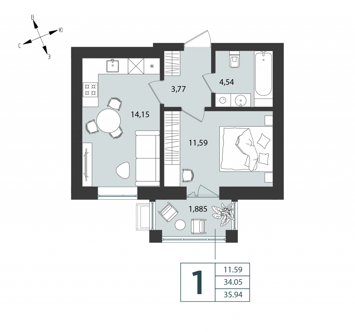 Квартира №26, 1-комнатная, 35.94 м², 1 этаж - планировка, Дом №4