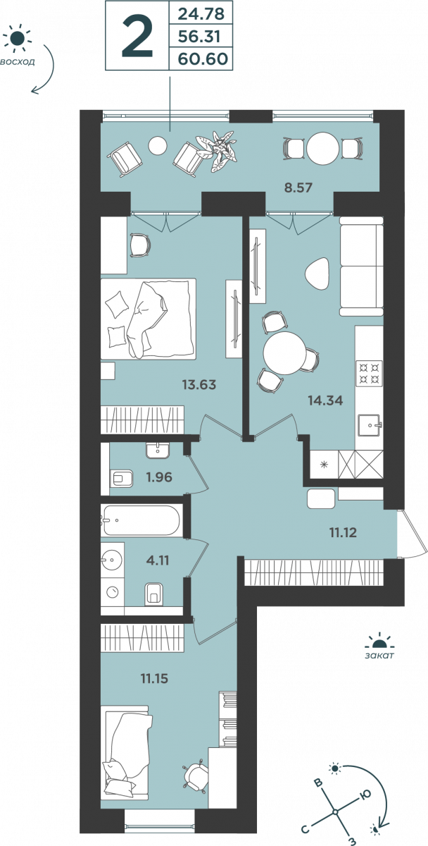 Квартира №27, 2-комнатная, 60.6 м², 1 этаж - планировка, Дом №4
