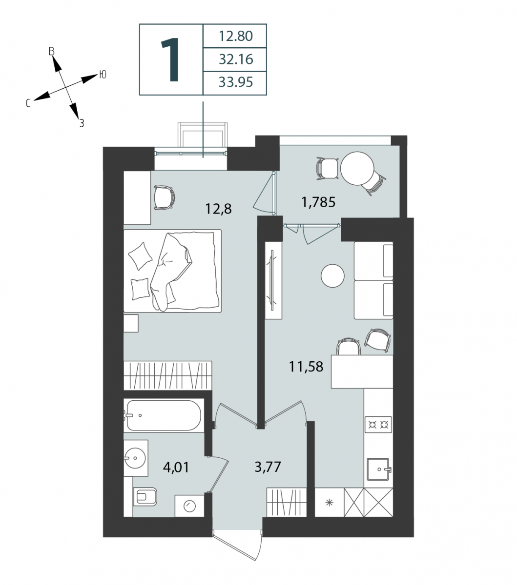 Квартира №35, 1-комнатная, 33.95 м², 2 этаж - планировка, Дом №4