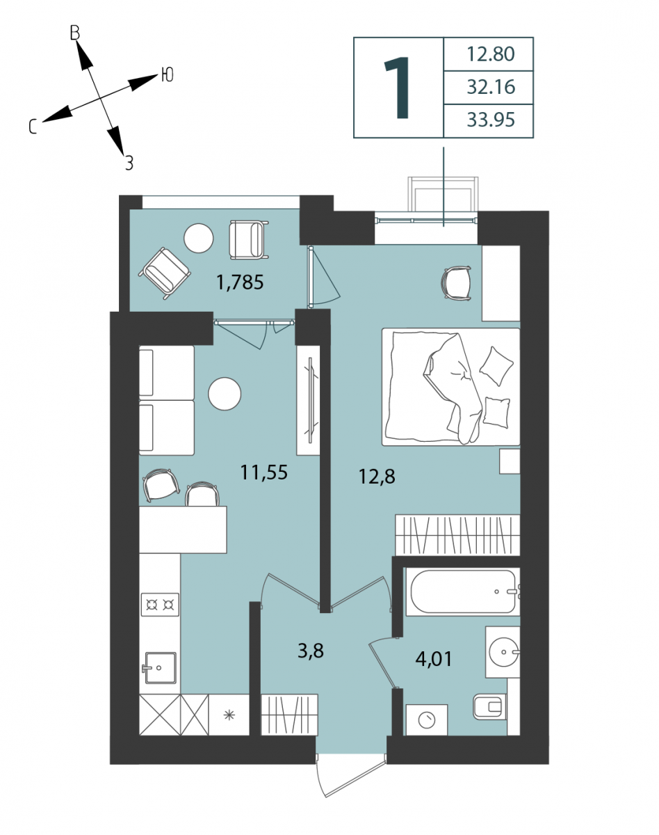 Квартира №36, 1-комнатная, 33.95 м², 2 этаж - планировка, Дом №4