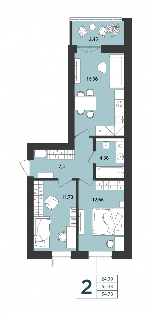 Квартира №38, 2-комнатная, 54.78 м², 2 этаж - планировка, Дом №4