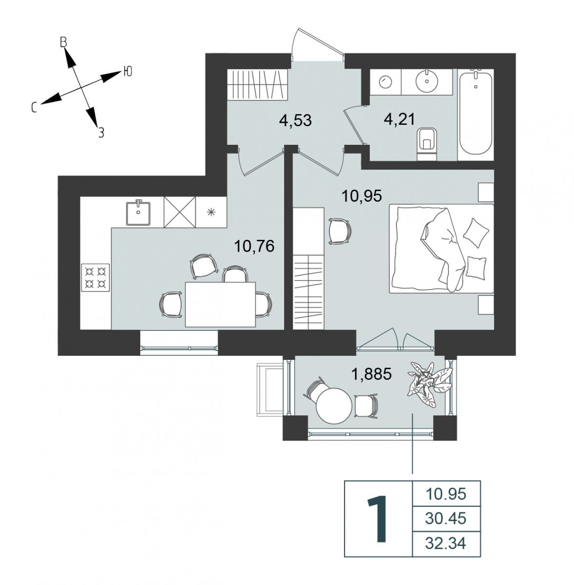 Квартира №39, 1-комнатная, 32.34 м², 2 этаж - планировка, Дом №4
