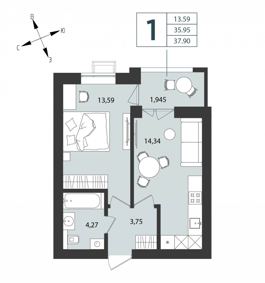 Квартира №51, 1-комнатная, 37.9 м², 4 этаж - планировка, Дом №4