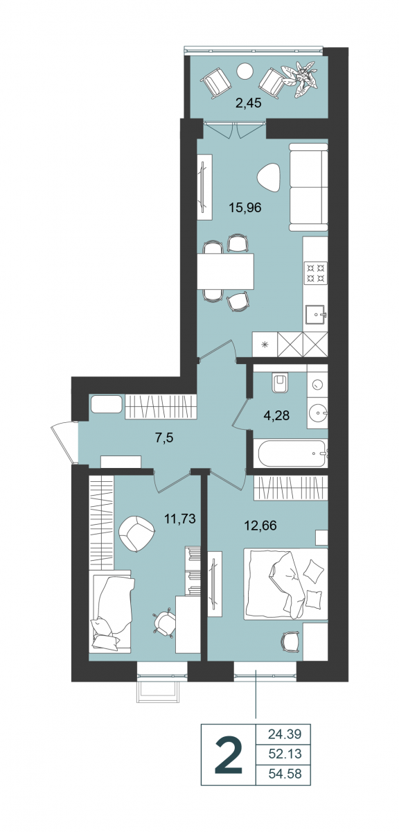 Квартира №52, 2-комнатная, 54.58 м², 4 этаж - планировка, Дом №4
