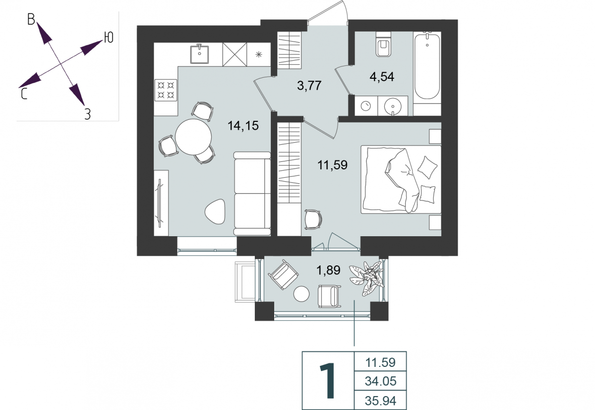 Квартира №1, 1-комнатная, 35.94 м², 1 этаж - планировка, Дом №5