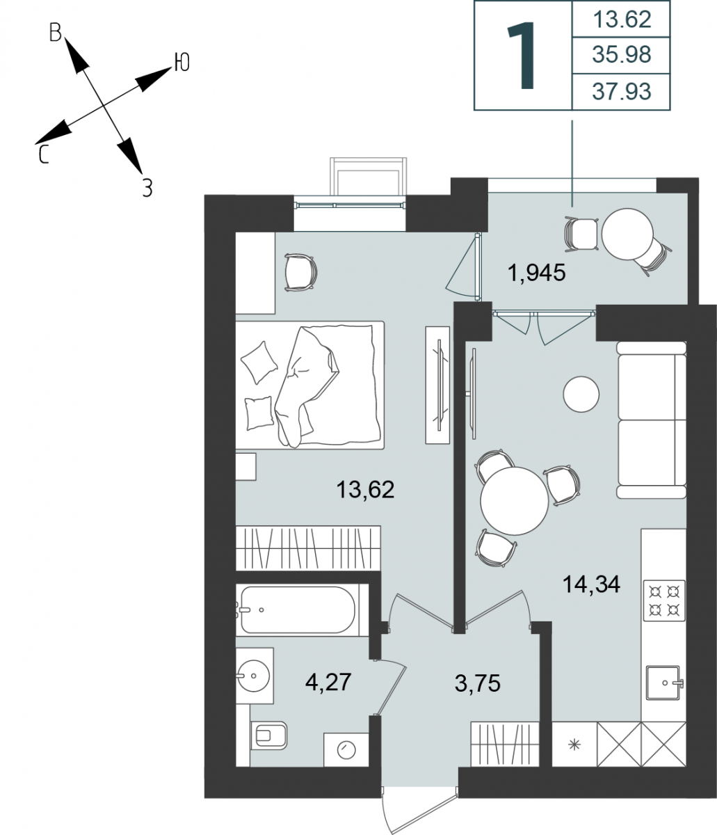 Квартира №12, 1-комнатная, 37.93 м², 2 этаж - планировка, Дом №5