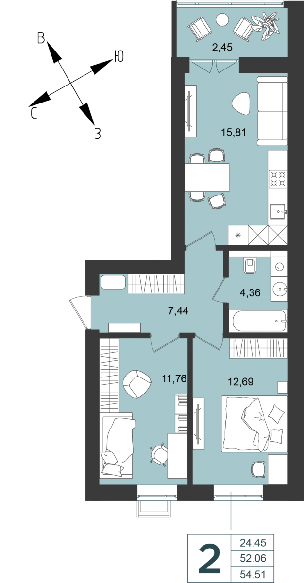 Квартира №20, 2-комнатная, 54.51 м², 3 этаж - планировка, Дом №5