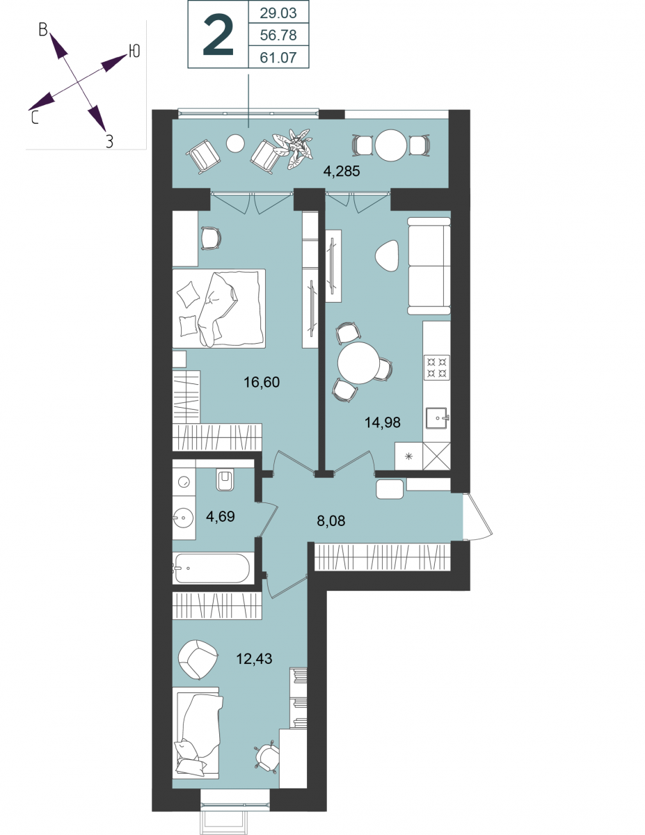 Квартира №16, 2-комнатная, 61.07 м², 3 этаж - планировка, Дом №5