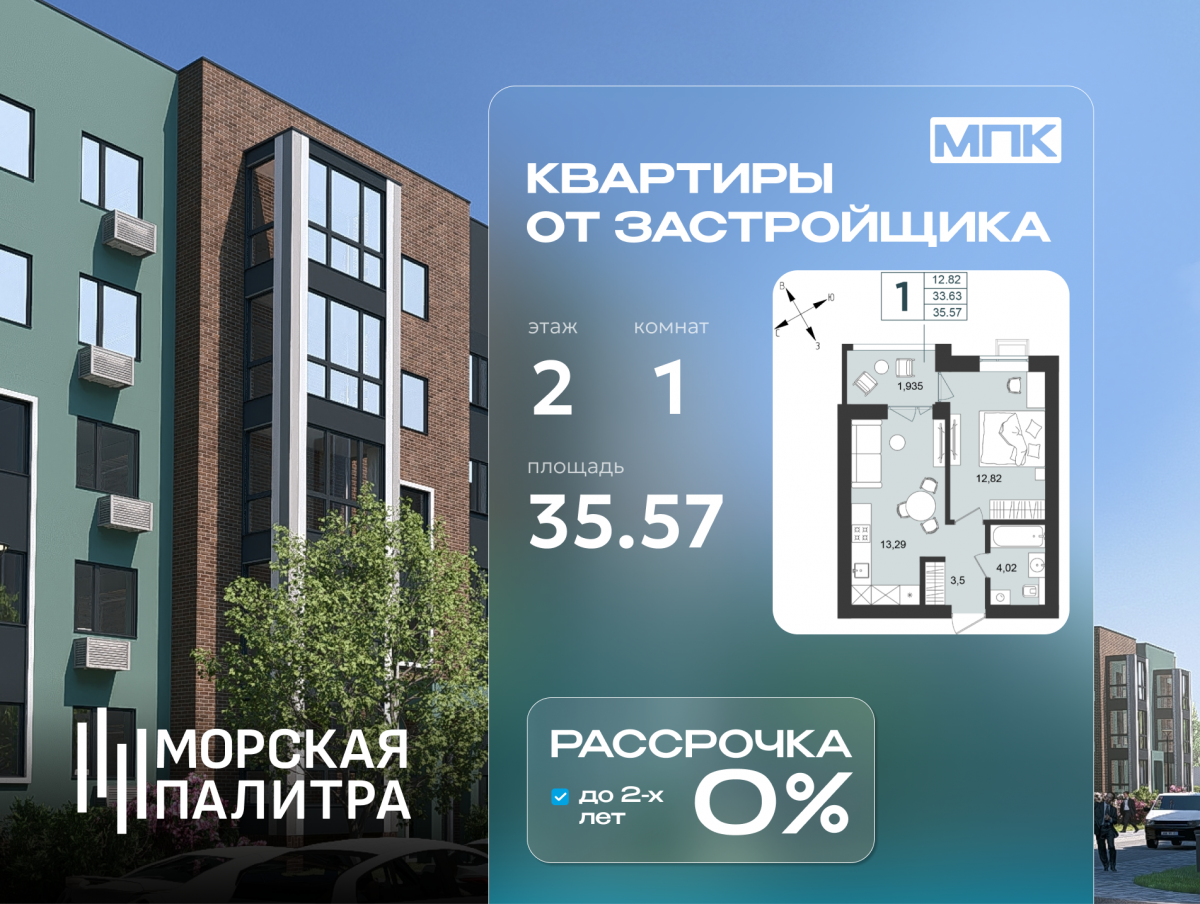 Квартира №33, 1-комнатная, 35.57 м², 2 этаж - планировка, Дом №6