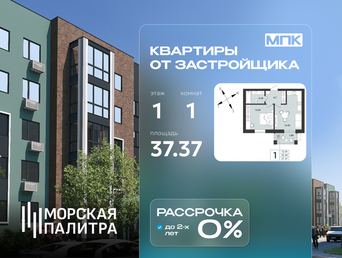 Квартира №21, 1-комнатная, 37.37 м², 1 этаж - планировка, Дом №6