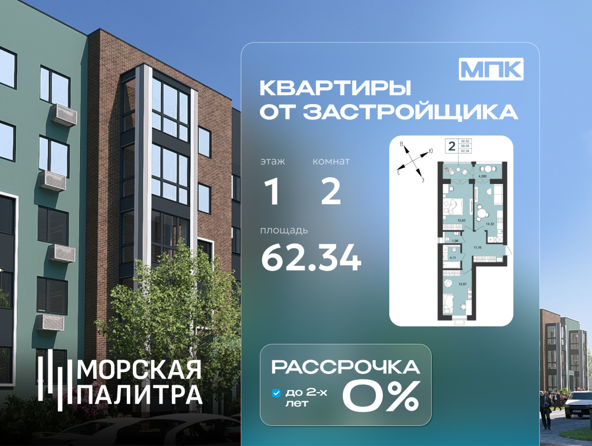 Квартира №2, 2-комнатная, 62.34 м², 1 этаж - планировка, Дом №6