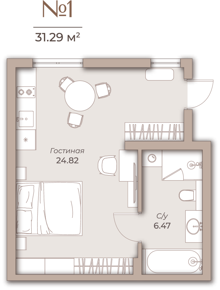 Квартира №1, 1-комнатная, 31.29 м², 1 этаж - планировка, IMPERIAL SKY, Корпус №2