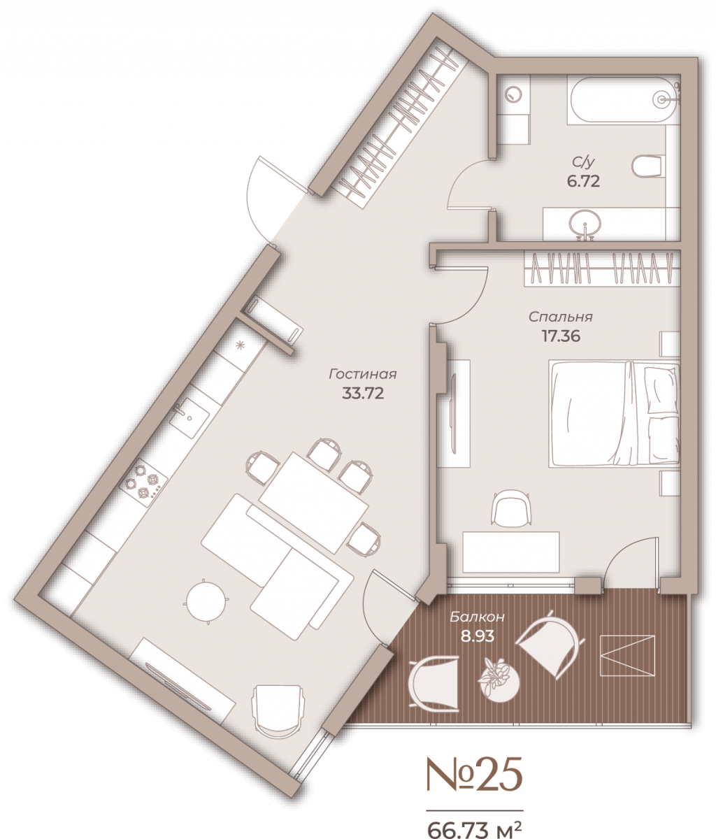 Квартира №25, 2-комнатная, 66.73 м², 5 этаж - планировка, IMPERIAL SKY, Корпус №3