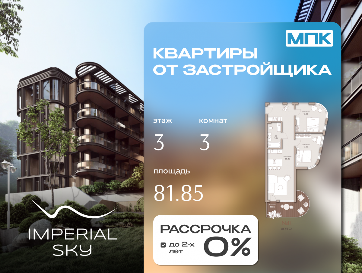 Апартаменты №11, 3-комнатная, 81.85 м², 3 этаж - планировка, IMPERIAL SKY