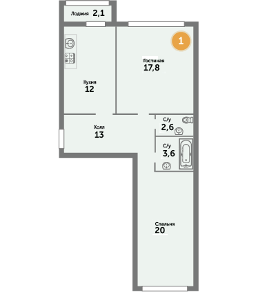 Квартира №1, 2-комнатная, 71.1 м², 1 этаж - планировка, ЖК на ул. Окружной, 1 дом