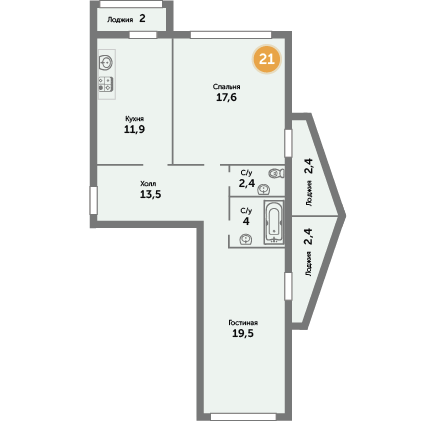 Квартира №21, 2-комнатная, 75.62 м², 6 этаж - планировка, ЖК на ул. Окружной, 1 дом