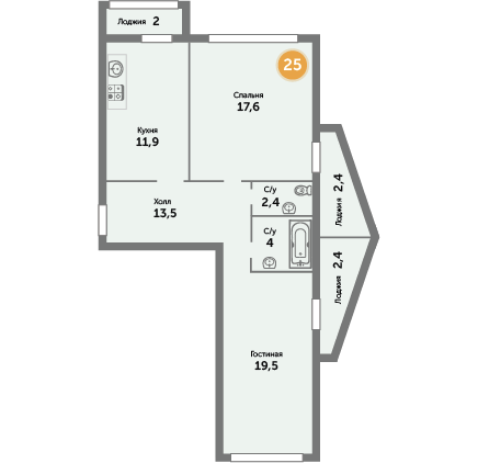 Квартира №25, 2-комнатная, 75.62 м², 7 этаж - планировка, ЖК на ул. Окружной, 1 дом