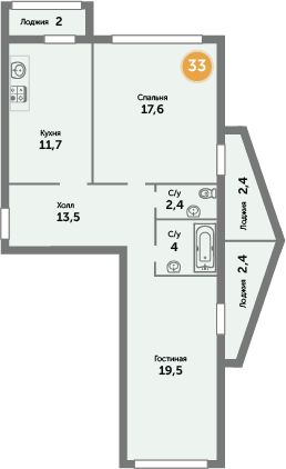 Квартира №33, 2-комнатная, 75.25 м², 9 этаж - планировка, ЖК на ул. Окружной, 1 дом