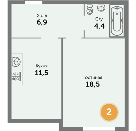 Квартира №2, 1-комнатная, 42.71 м², 1 этаж - планировка, ЖК на ул. Окружной, 1 дом