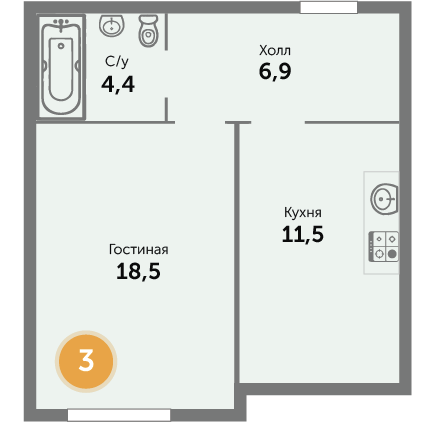 Квартира №3, 1-комнатная, 42.71 м², 1 этаж - планировка, ЖК на ул. Окружной, 1 дом