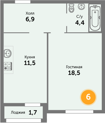 Квартира №6, 1-комнатная, 43.71 м², 2 этаж - планировка, ЖК на ул. Окружной, 1 дом
