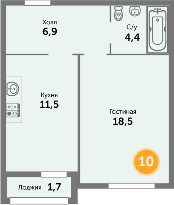 Квартира №10, 1-комнатная, 43.71 м², 3 этаж - планировка, ЖК на ул. Окружной, 1 дом