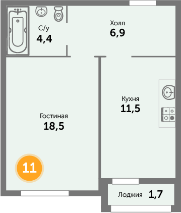 Квартира №11, 1-комнатная, 43.71 м², 3 этаж - планировка, ЖК на ул. Окружной, 1 дом