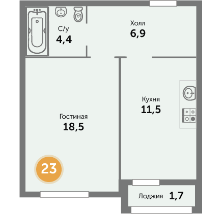 Квартира №23, 1-комнатная, 43.71 м², 6 этаж - планировка, ЖК на ул. Окружной, 1 дом