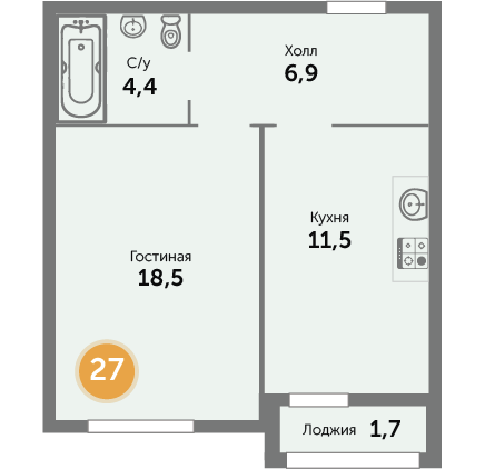 Квартира №27, 1-комнатная, 43.71 м², 7 этаж - планировка, ЖК на ул. Окружной, 1 дом