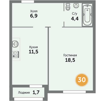 Квартира №30, 1-комнатная, 43.71 м², 8 этаж - планировка, ЖК на ул. Окружной, 1 дом