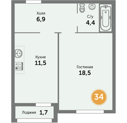 Квартира №34, 1-комнатная, 43.42 м², 9 этаж - планировка, ЖК на ул. Окружной, 1 дом