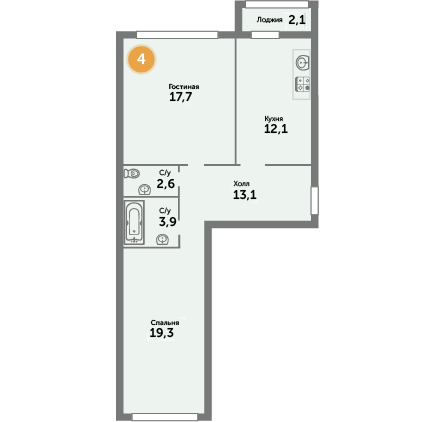 Квартира №4, 2-комнатная, 70.8 м², 1 этаж - планировка, ЖК на ул. Окружной, 1 дом
