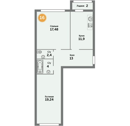 Квартира №16, 2-комнатная, 72.07 м², 4 этаж - планировка, ЖК на ул. Окружной, 1 дом