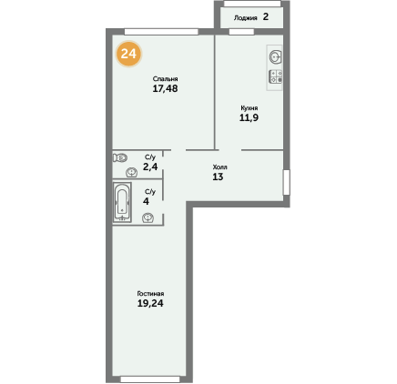 Квартира №24, 2-комнатная, 72.07 м², 6 этаж - планировка, ЖК на ул. Окружной, 1 дом