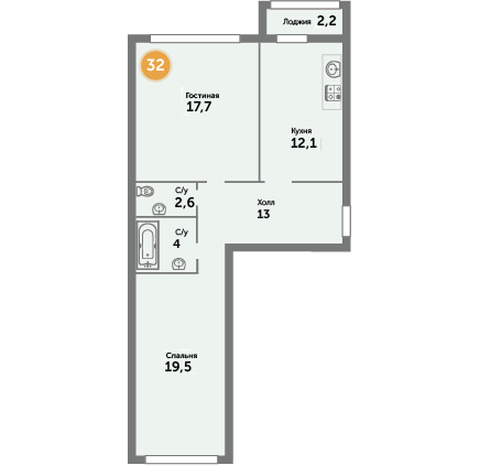 Квартира №32, 2-комнатная, 71.1 м², 8 этаж - планировка, ЖК на ул. Окружной, 1 дом