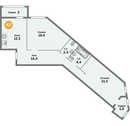 Квартира №42, 2-комнатная, 80.4 м², 3 этаж - планировка, ЖК на ул. Окружной, 1 дом