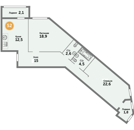 Квартира №52, 2-комнатная, 80 м², 5 этаж - планировка, ЖК на ул. Окружной, 1 дом