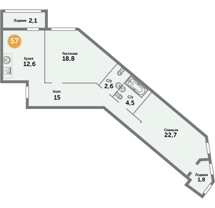 Квартира №57, 2-комнатная, 80.1 м², 6 этаж - планировка, ЖК на ул. Окружной, 1 дом