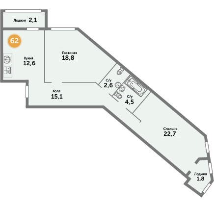 Квартира №62, 2-комнатная, 80.2 м², 7 этаж - планировка, ЖК на ул. Окружной, 1 дом