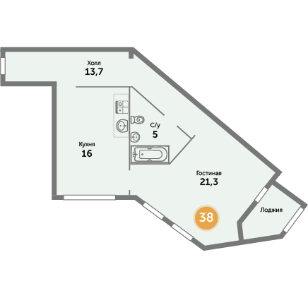 Квартира №38, 1-комнатная, 58.5 м², 2 этаж - планировка, ЖК на ул. Окружной, 1 дом