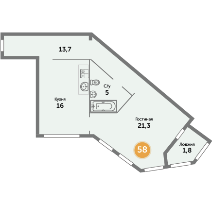 Квартира №58, 1-комнатная, 59.81 м², 6 этаж - планировка, ЖК на ул. Окружной, 1 дом