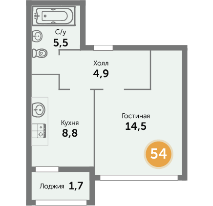 Квартира №54, 1-комнатная, 35.75 м², 5 этаж - планировка, ЖК на ул. Окружной, 1 дом