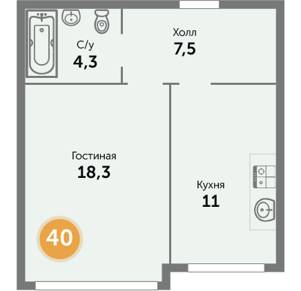 Квартира №40, 1-комнатная, 71.7 м², 2 этаж - планировка, ЖК на ул. Окружной, 1 дом