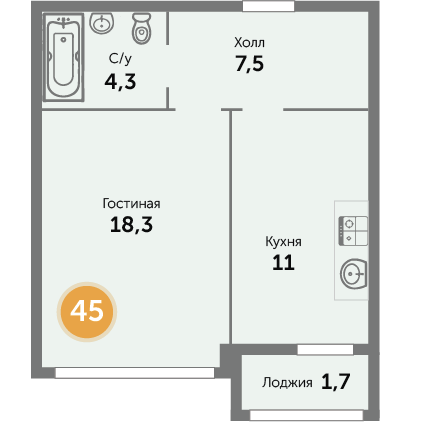 Квартира №45, 1-комнатная, 43.71 м², 3 этаж - планировка, ЖК на ул. Окружной, 1 дом
