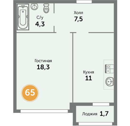 Квартира №65, 1-комнатная, 43.71 м², 7 этаж - планировка, ЖК на ул. Окружной, 1 дом