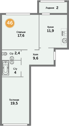 Квартира №46, 2-комнатная, 69.12 м², 3 этаж - планировка, ЖК на ул. Окружной, 1 дом