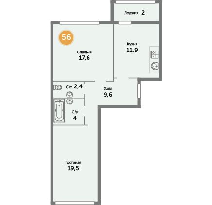 Квартира №56, 2-комнатная, 69.12 м², 5 этаж - планировка, ЖК на ул. Окружной, 1 дом