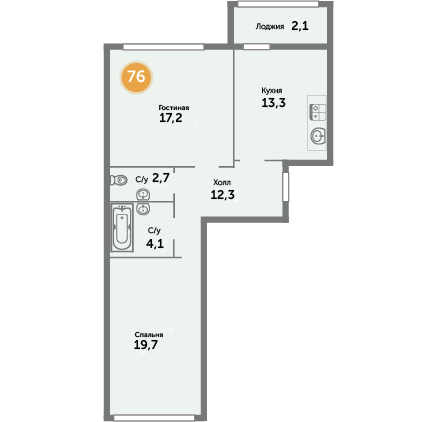 Квартира №76, 2-комнатная, 71.4 м², 9 этаж - планировка, ЖК на ул. Окружной, 1 дом
