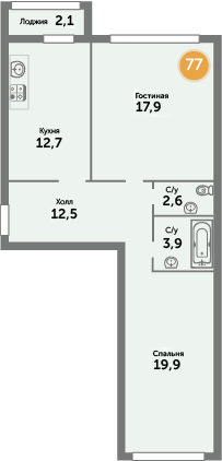 Квартира №77, 2-комнатная, 71.6 м², 2 этаж - планировка, ЖК на ул. Окружной, 1 дом