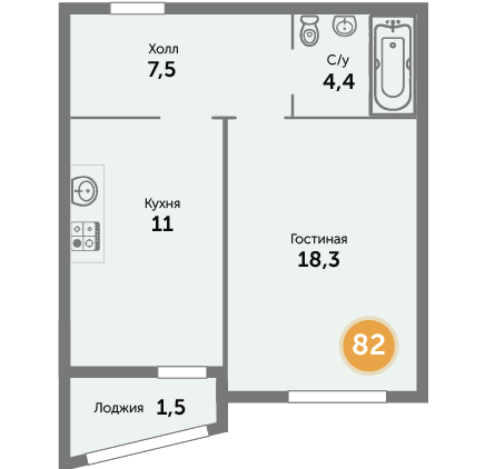 Квартира №82, 1-комнатная, 43.64 м², 3 этаж - планировка, ЖК на ул. Окружной, 1 дом